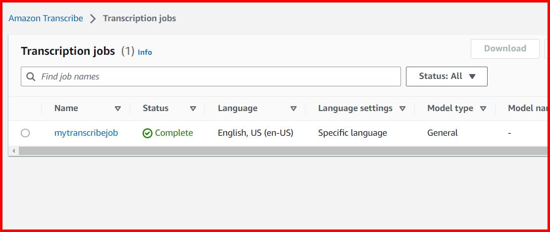 Picture showing the status of the transcribe job as completed